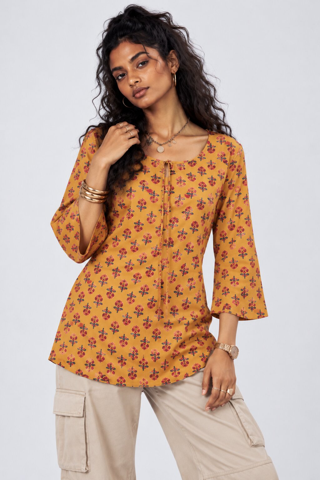 Womens Yellow Floral Printed Tie-Up Tunic - Image 1
