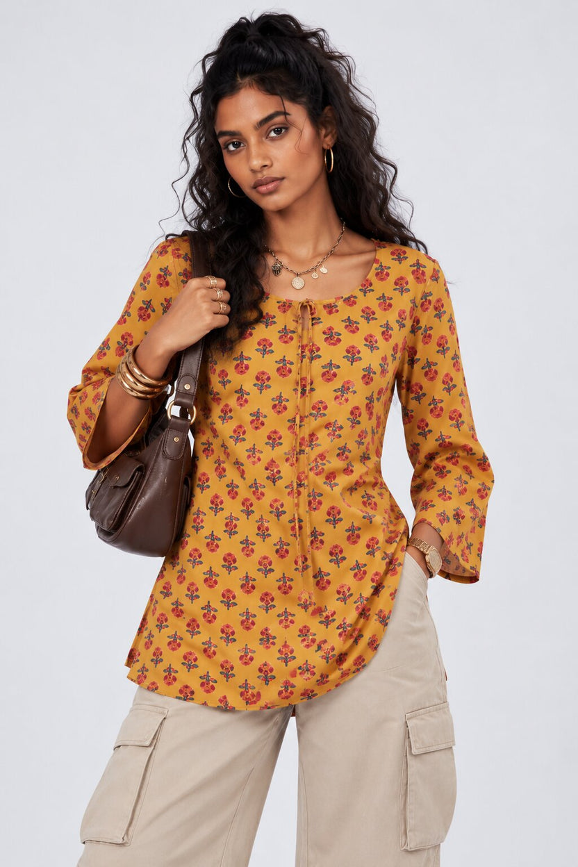 Womens Yellow Floral Printed Tie-Up Tunic - Image 2