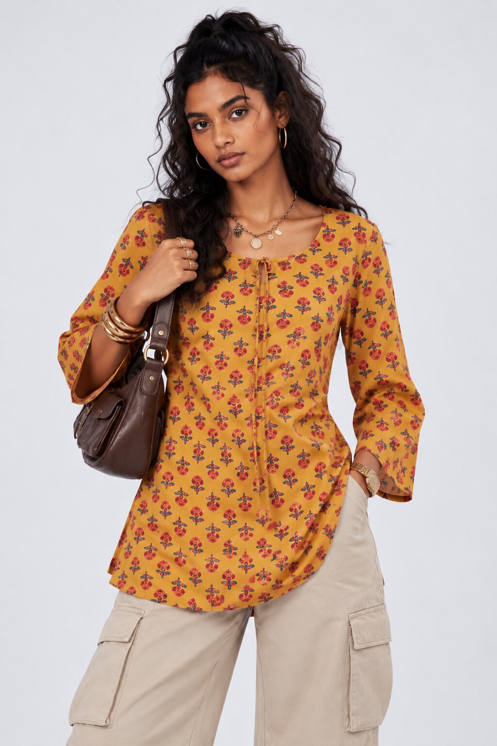 Womens Yellow Floral Printed Tie-Up Tunic - Image 2