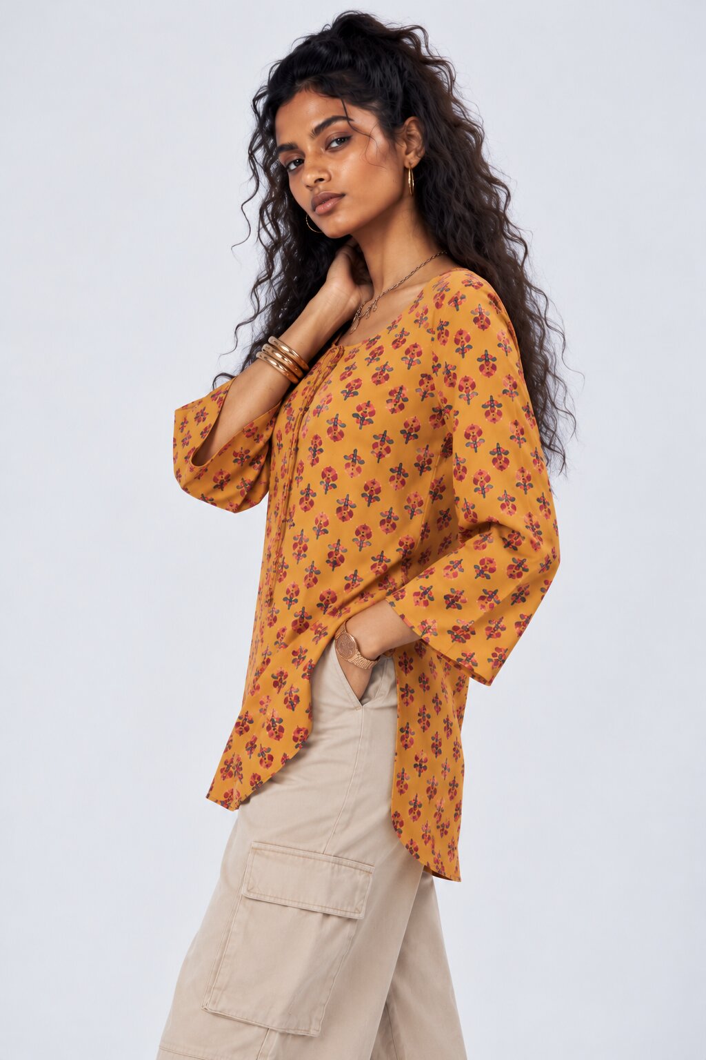 Womens Yellow Floral Printed Tie-Up Tunic - Image 4