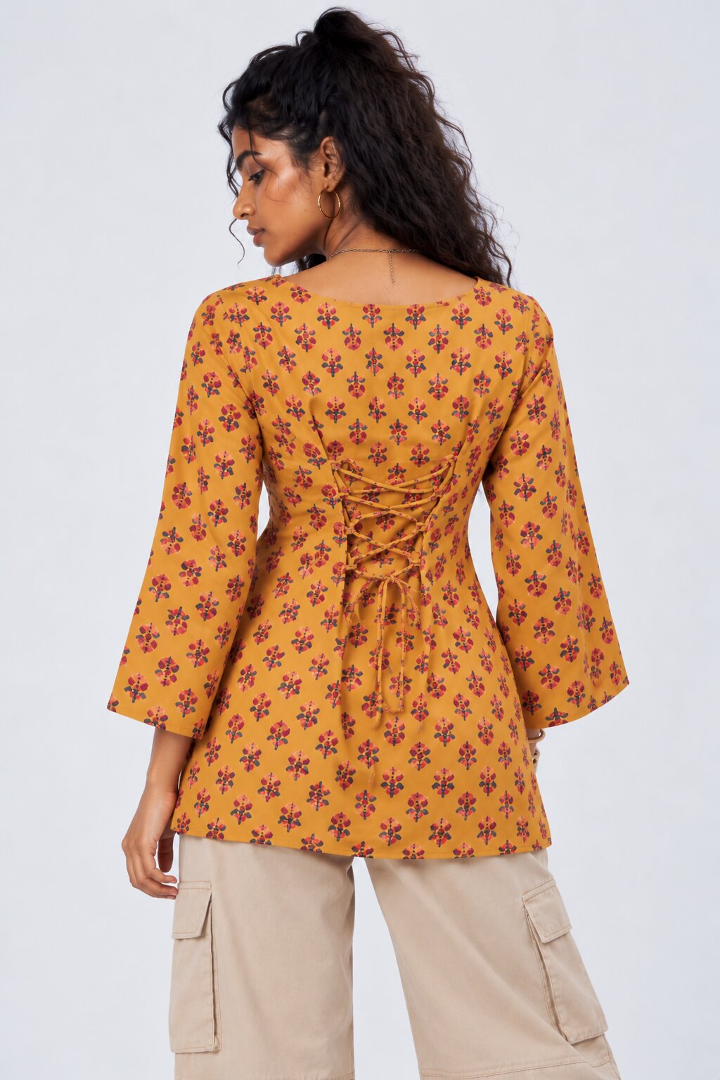 Womens Yellow Floral Printed Tie-Up Tunic - Image 5