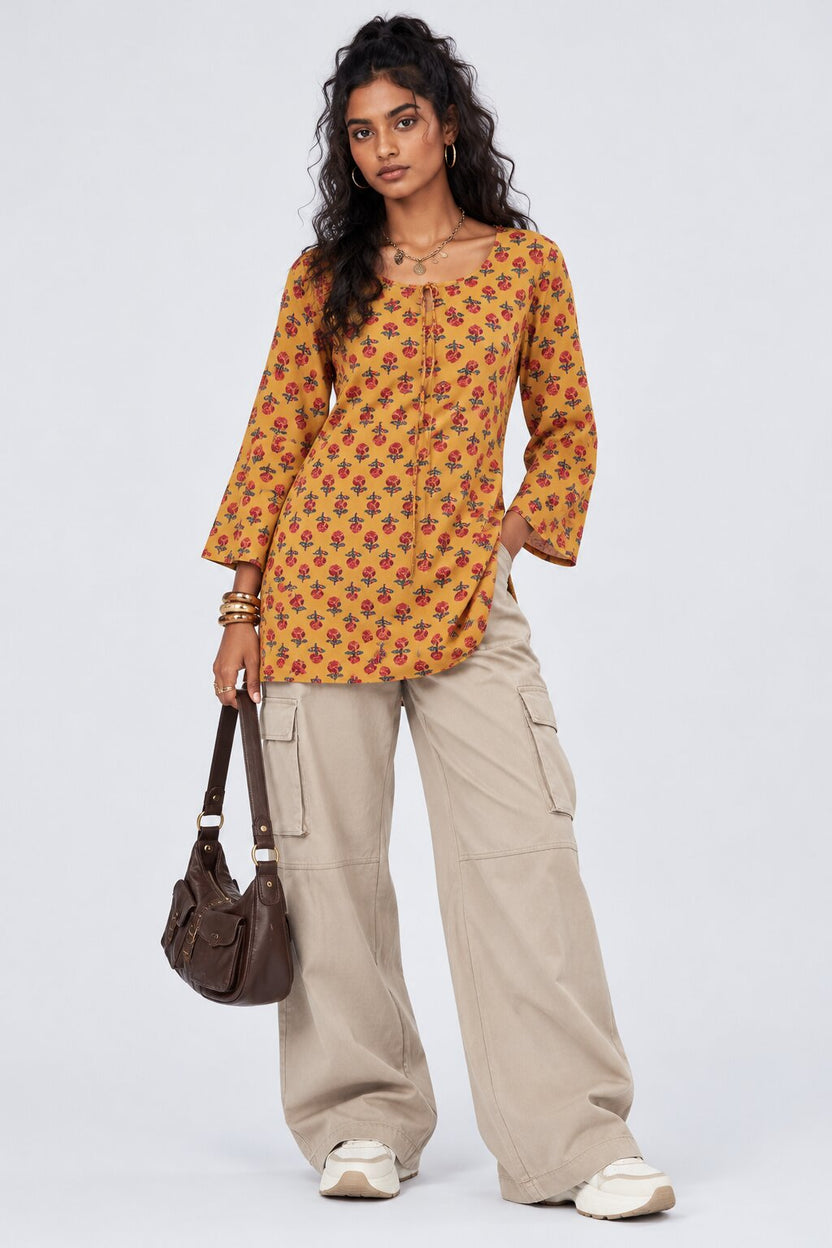 Womens Yellow Floral Printed Tie-Up Tunic - Image 6