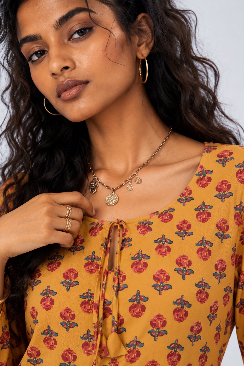Womens Yellow Floral Printed Tie-Up Tunic - Image 9