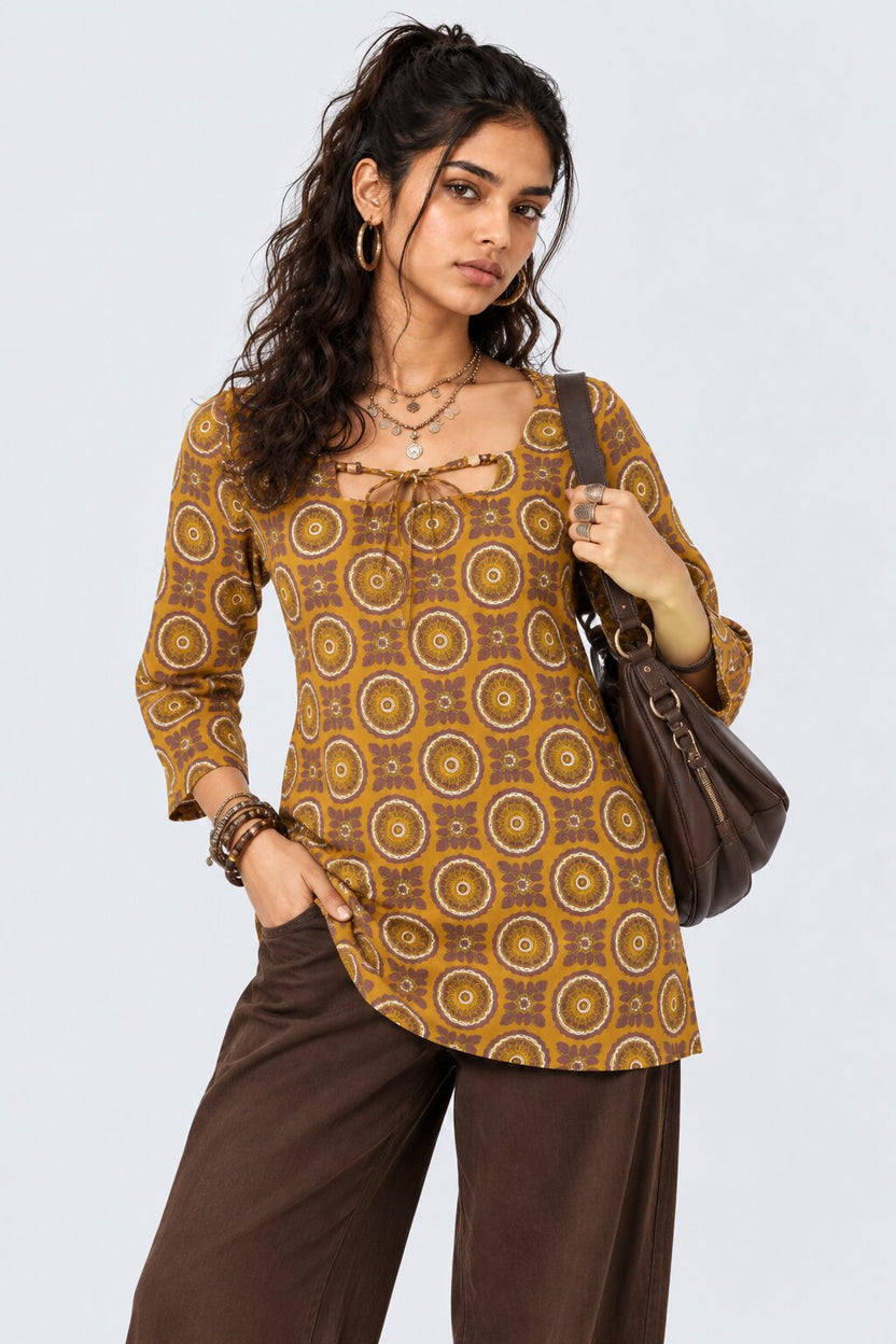 Womens Yellow Geometric Printed Tie-Up Tunic - Image 1