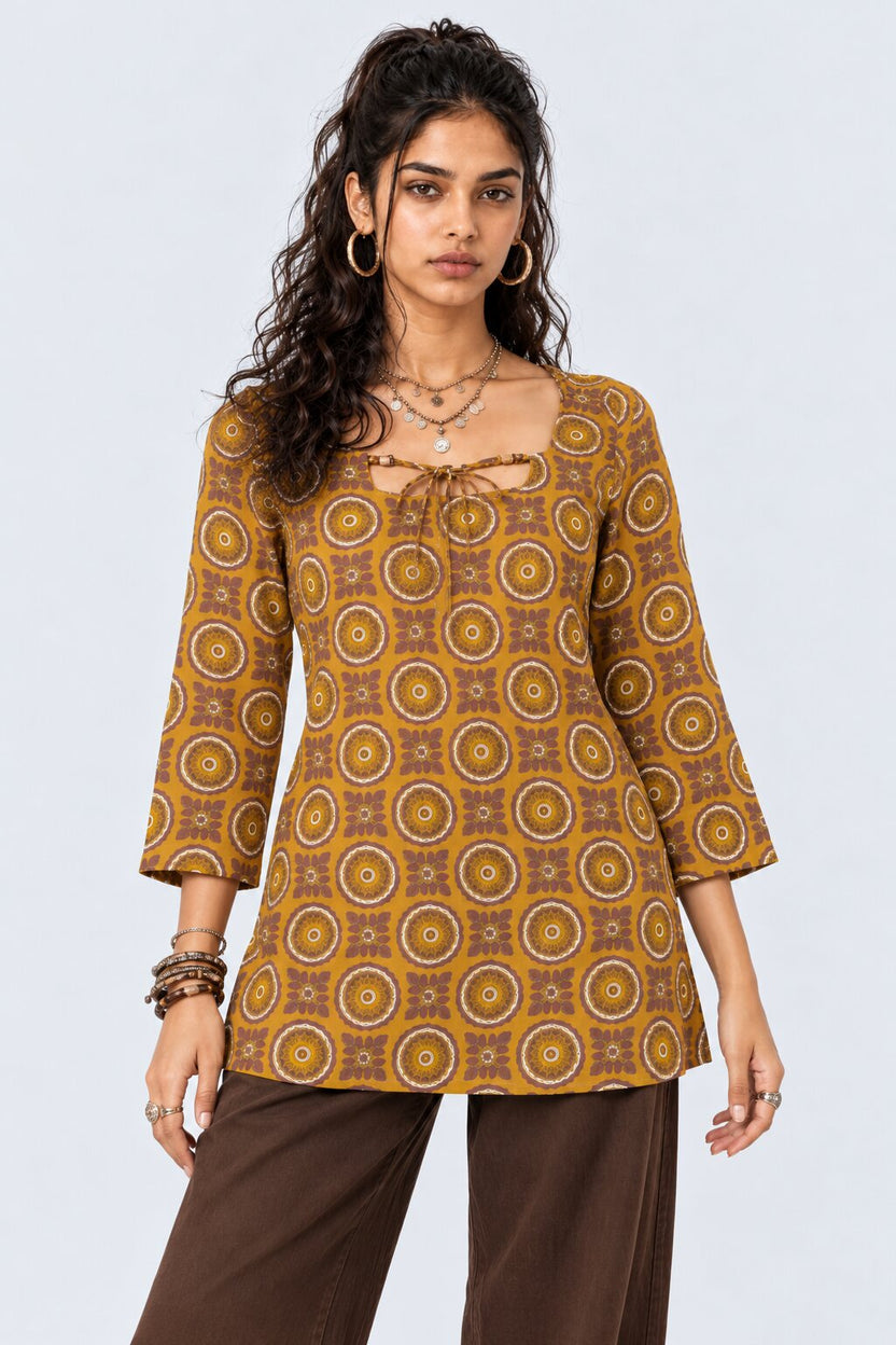 Womens Yellow Geometric Printed Tie-Up Tunic - Image 2