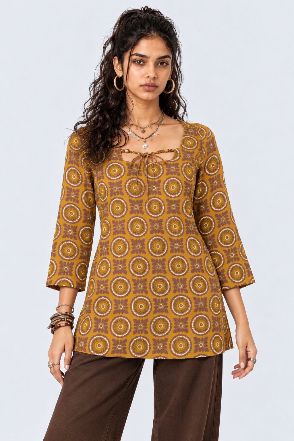 Womens Yellow Geometric Printed Tie-Up Tunic - Image 2