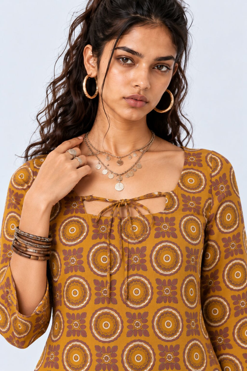 Womens Yellow Geometric Printed Tie-Up Tunic - Image 3