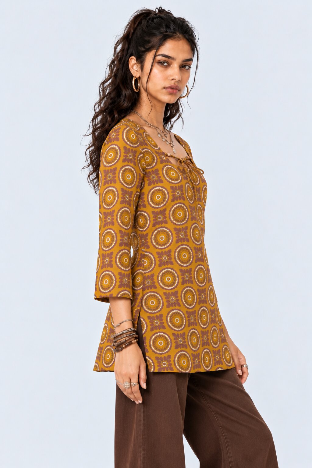 Womens Yellow Geometric Printed Tie-Up Tunic - Image 4