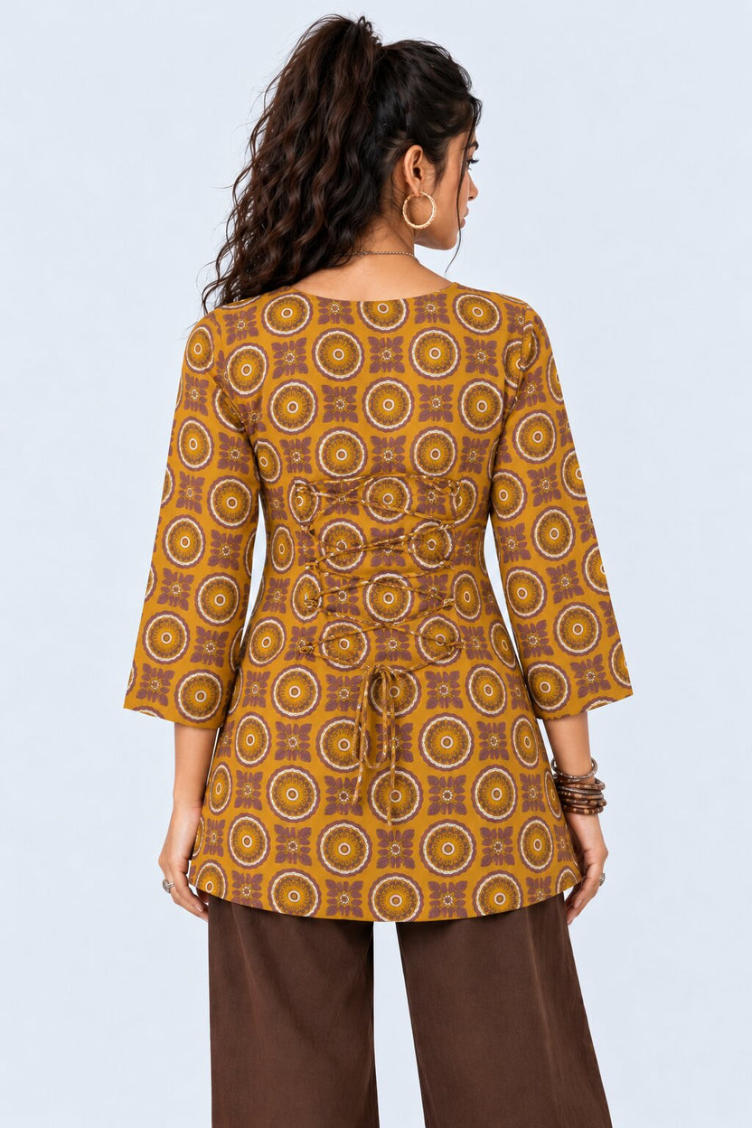 Womens Yellow Geometric Printed Tie-Up Tunic - Image 5