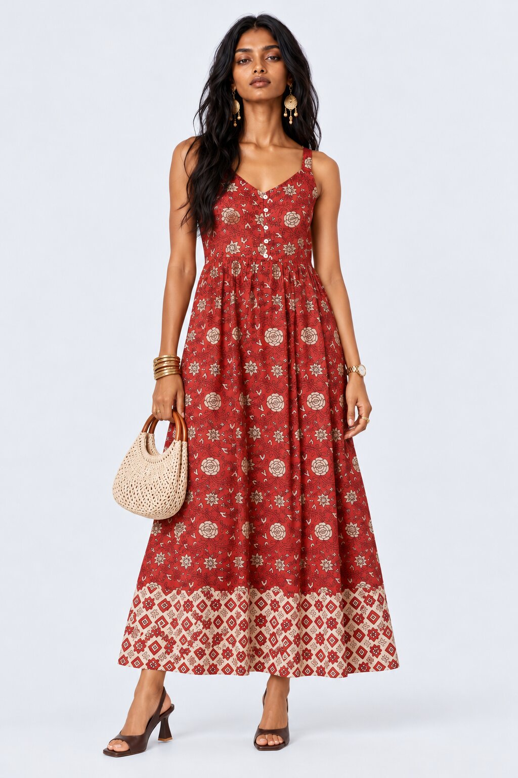 Women Rust Floral Printed Maxi Dress - Image 1