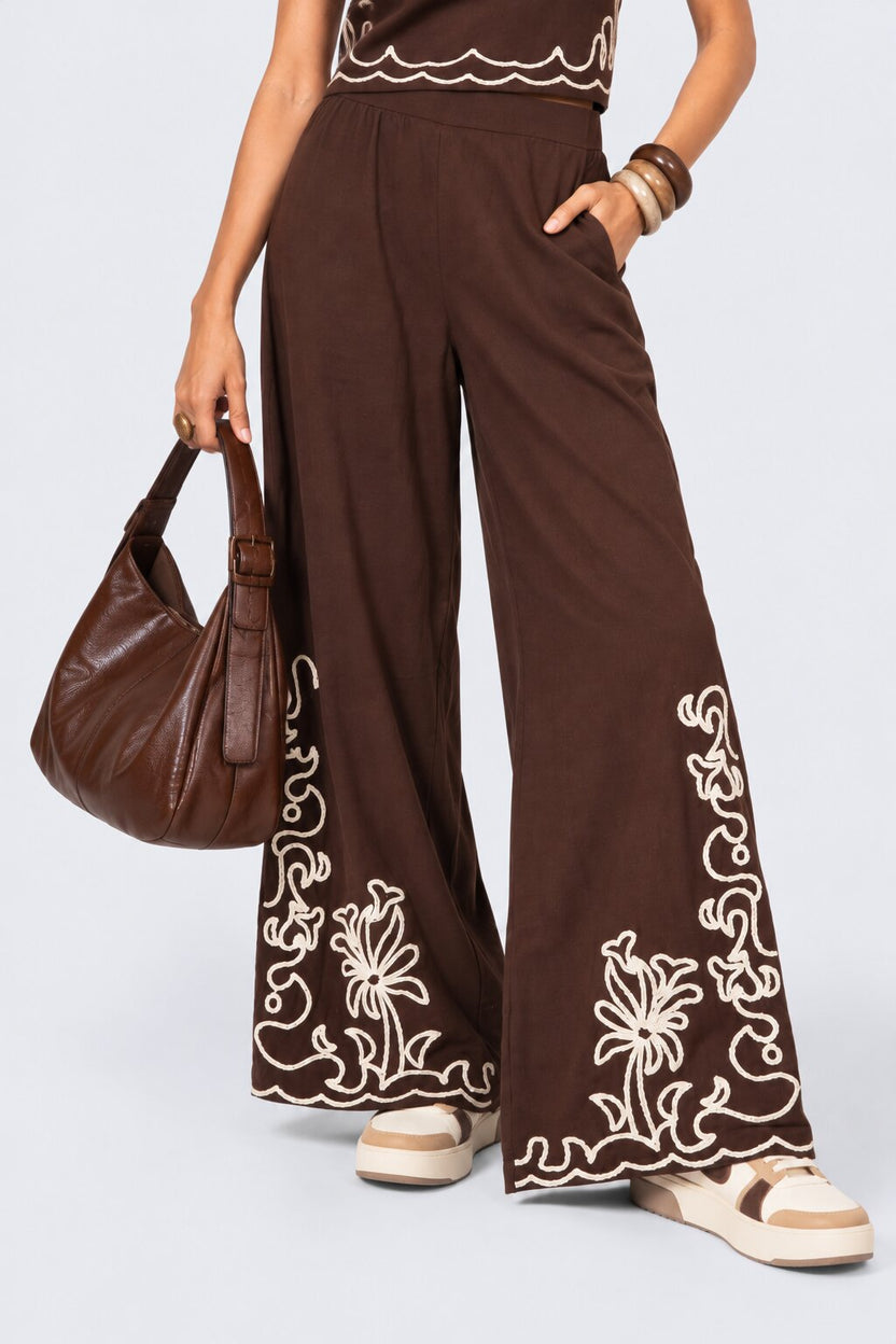 Womens Floral Brown Embroidered Wide Leg Pant - Image 1