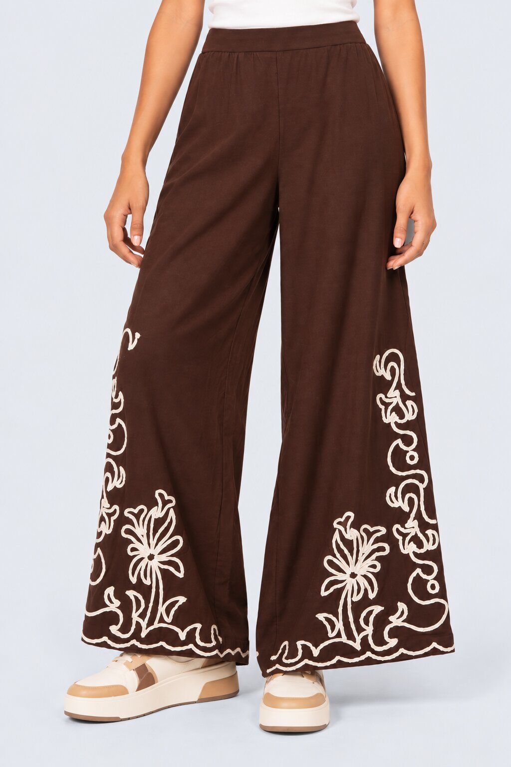 Womens Floral Brown Embroidered Wide Leg Pant - Image 2