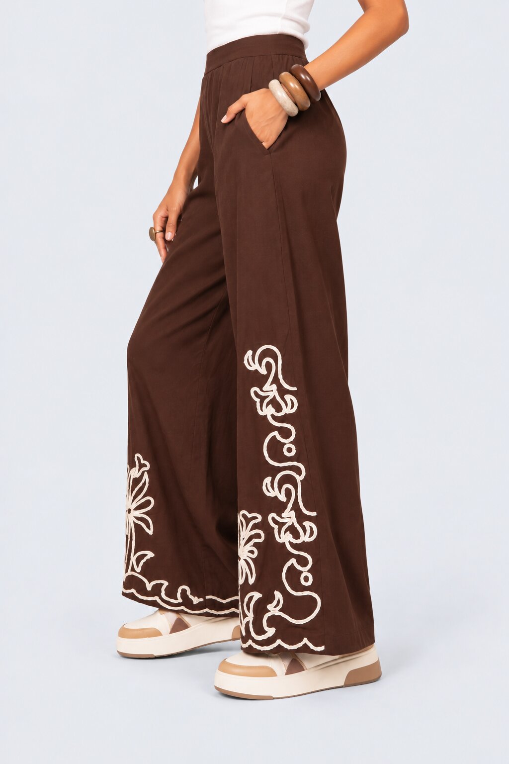 Womens Floral Brown Embroidered Wide Leg Pant - Image 4