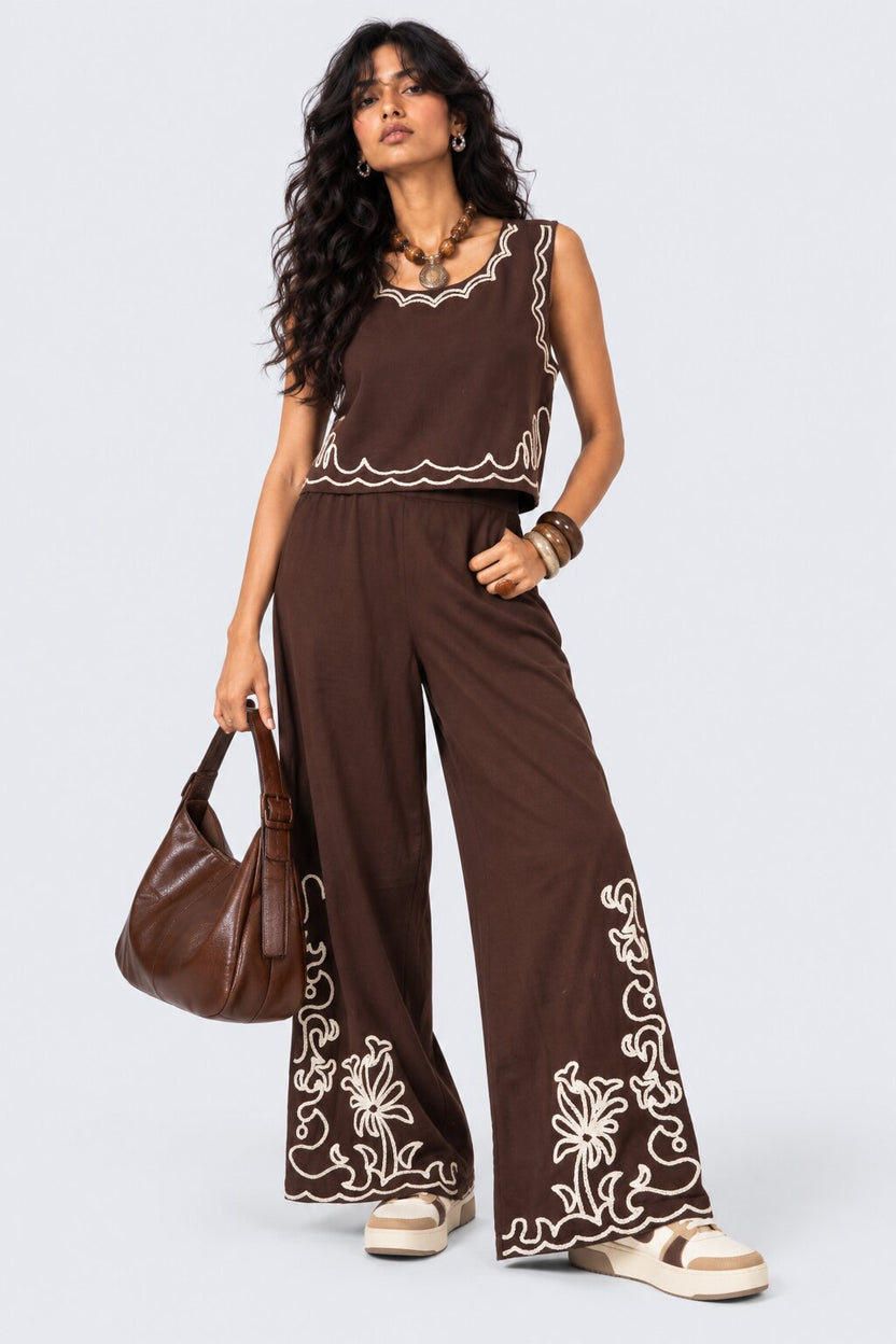 Womens Floral Brown Embroidered Wide Leg Pant - Image 6