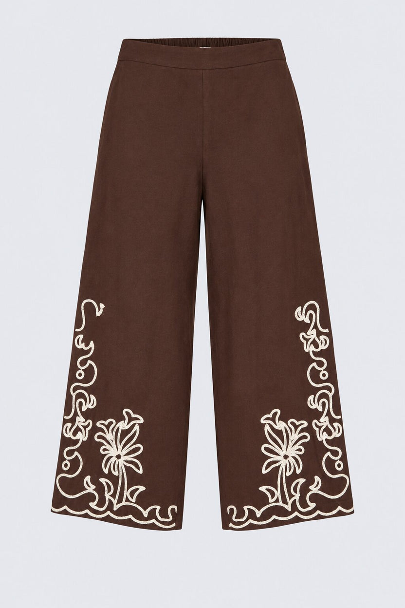Womens Floral Brown Embroidered Wide Leg Pant - Image 7