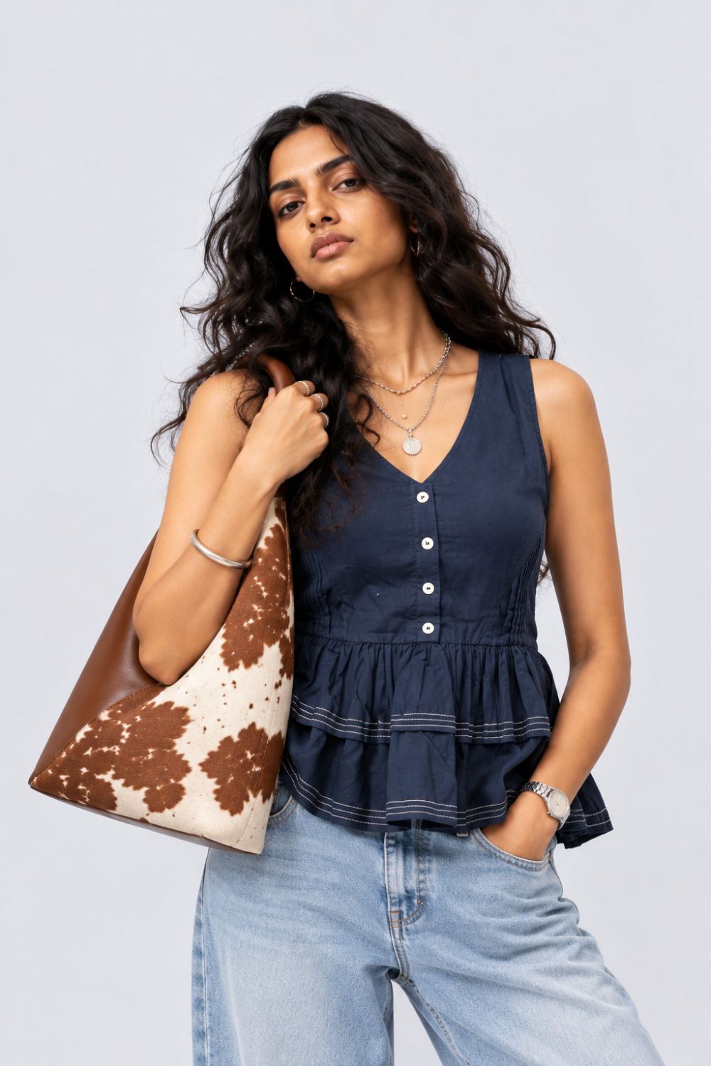 Womens Solid Navy Peplum Top - Image 1