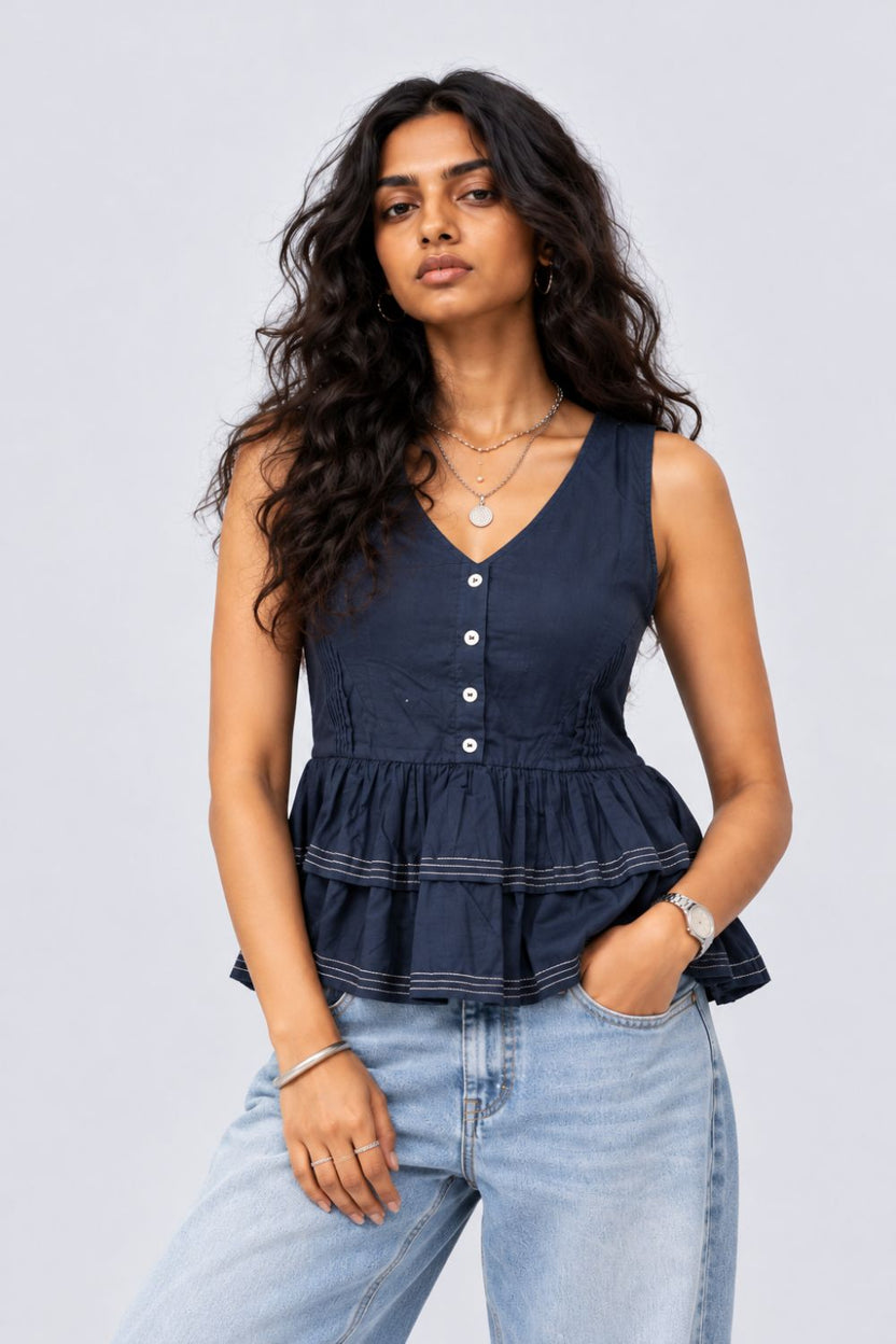 Womens Solid Navy Peplum Top - Image 2