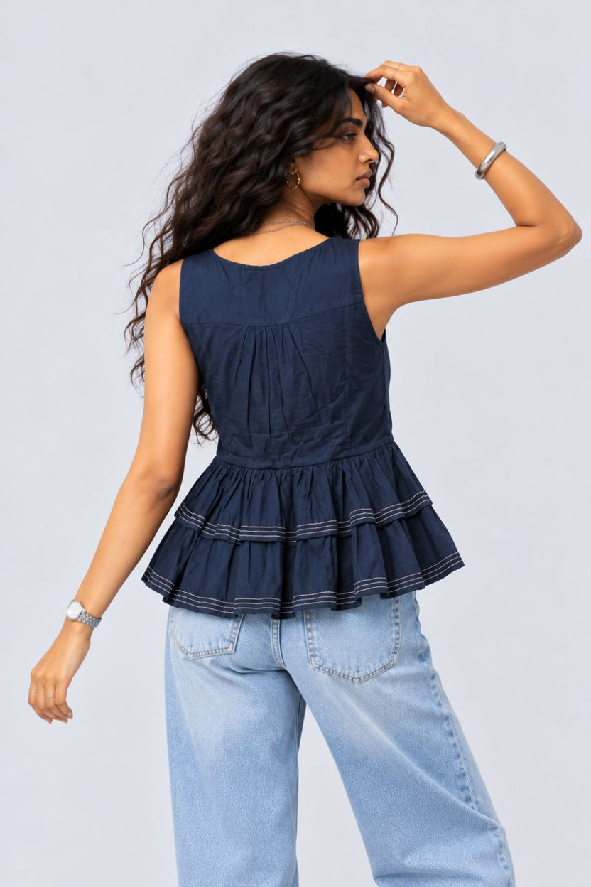Womens Solid Navy Peplum Top - Image 5