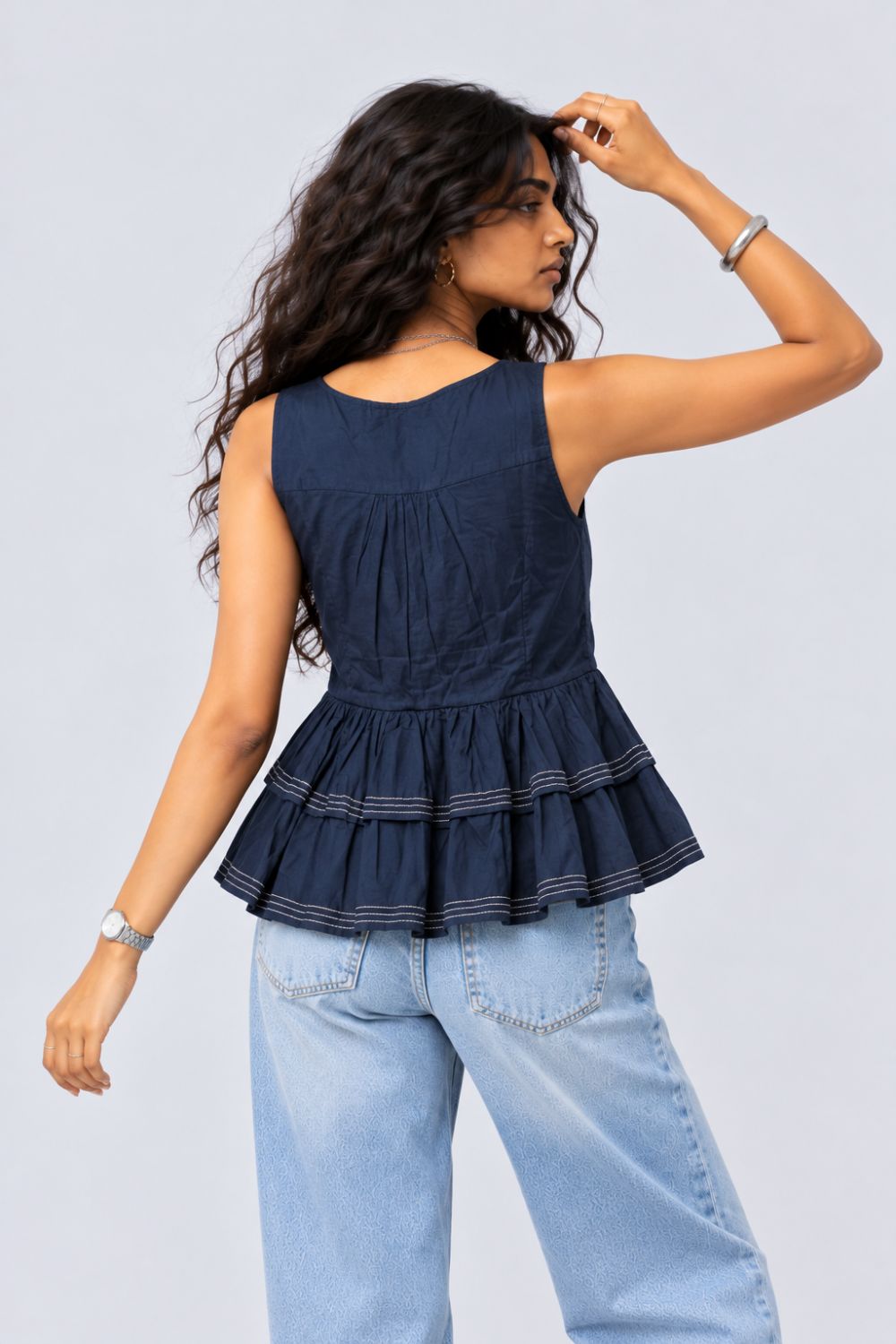 Womens Solid Navy Peplum Top - Image 5