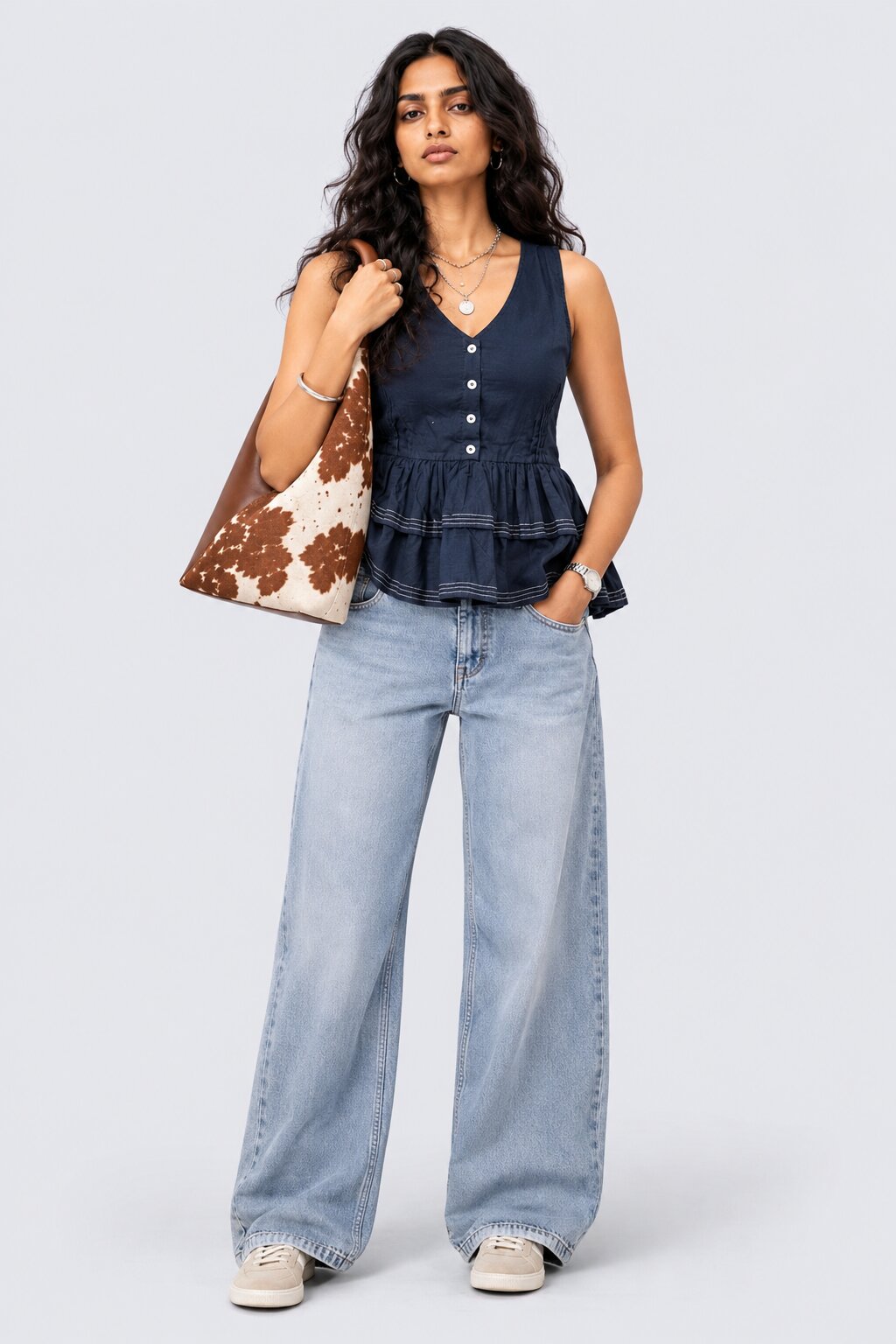 Womens Solid Navy Peplum Top - Image 6