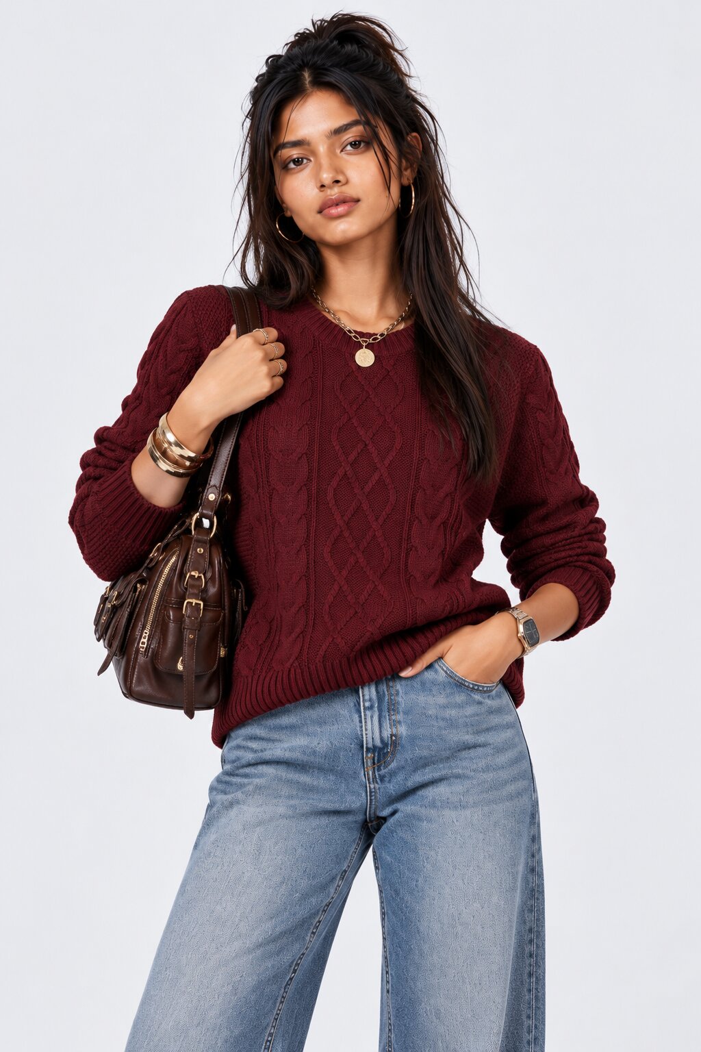 Womens Maroon Cable Knit Pullover Sweater - Image 1
