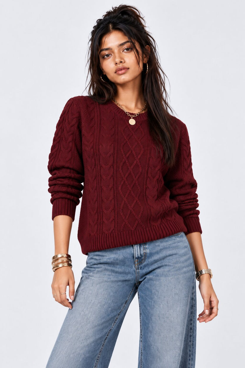 Womens Maroon Cable Knit Pullover Sweater - Image 2