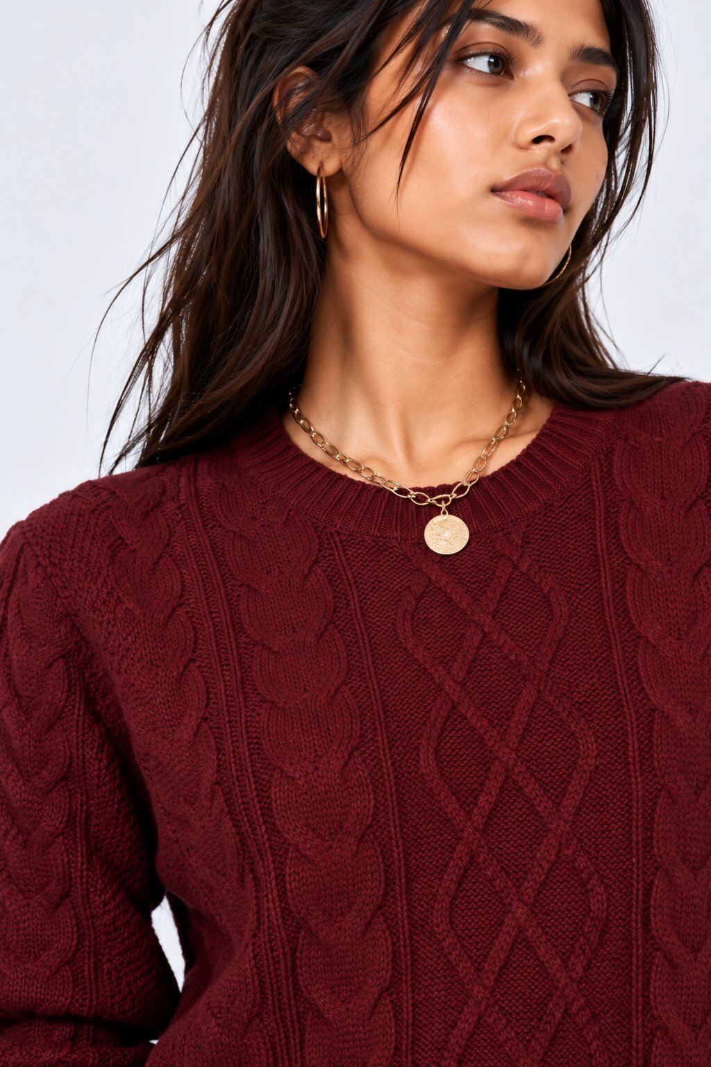 Womens Maroon Cable Knit Pullover Sweater - Image 3