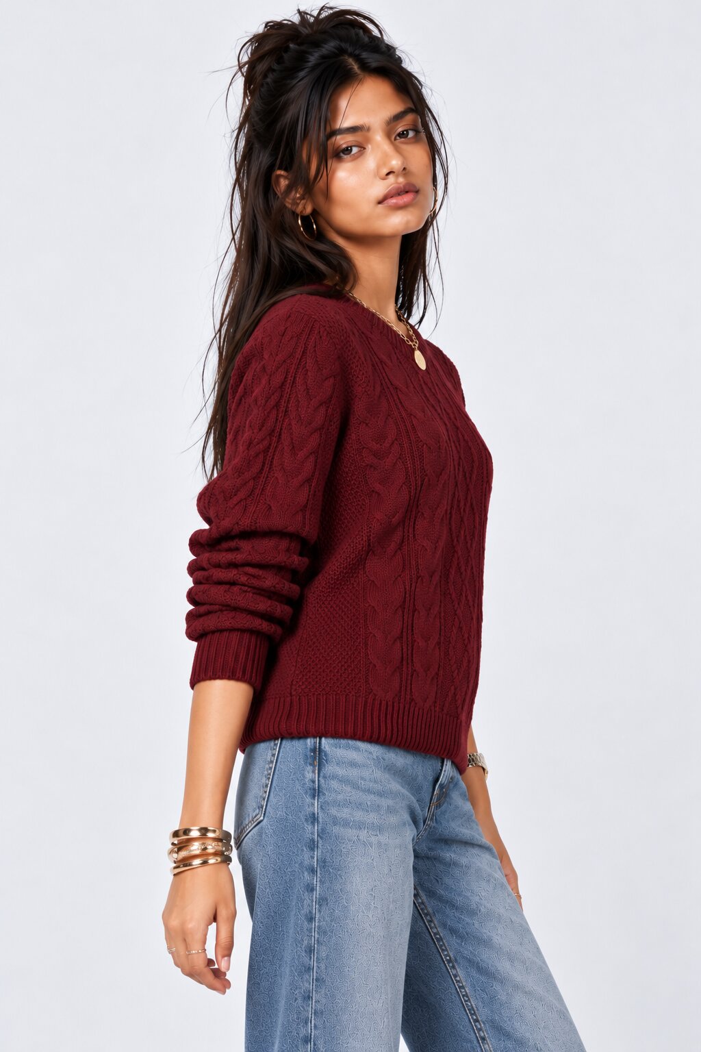 Womens Maroon Cable Knit Pullover Sweater - Image 4