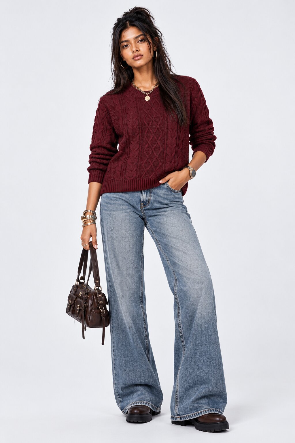 Womens Maroon Cable Knit Pullover Sweater - Image 6