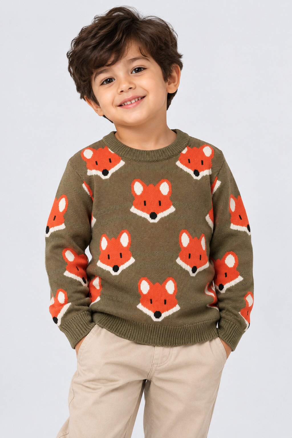 Boys Olive Fox Print Knitted Sweater - Image 1
