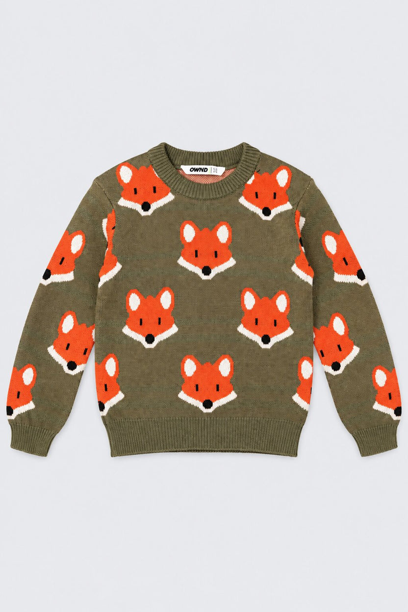 Boys Olive Fox Print Knitted Sweater - Image 2