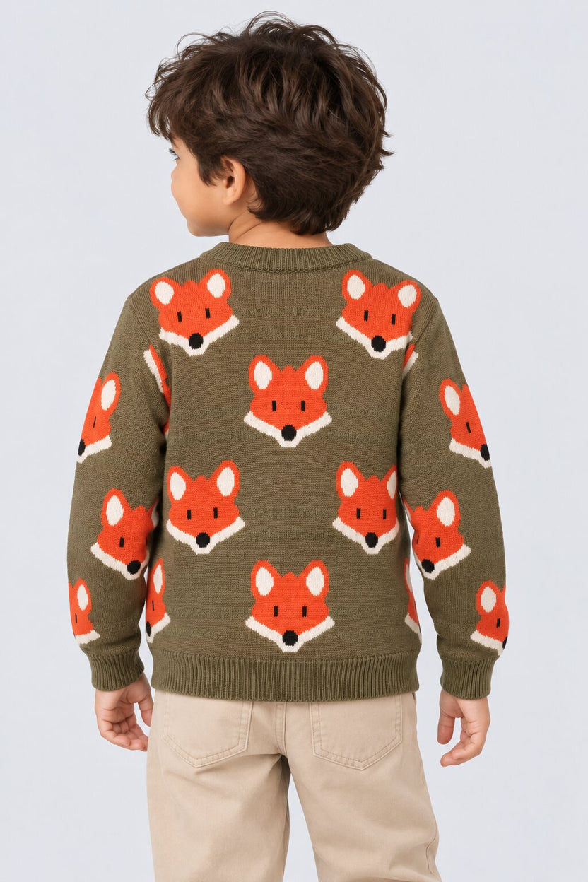 Boys Olive Fox Print Knitted Sweater - Image 3