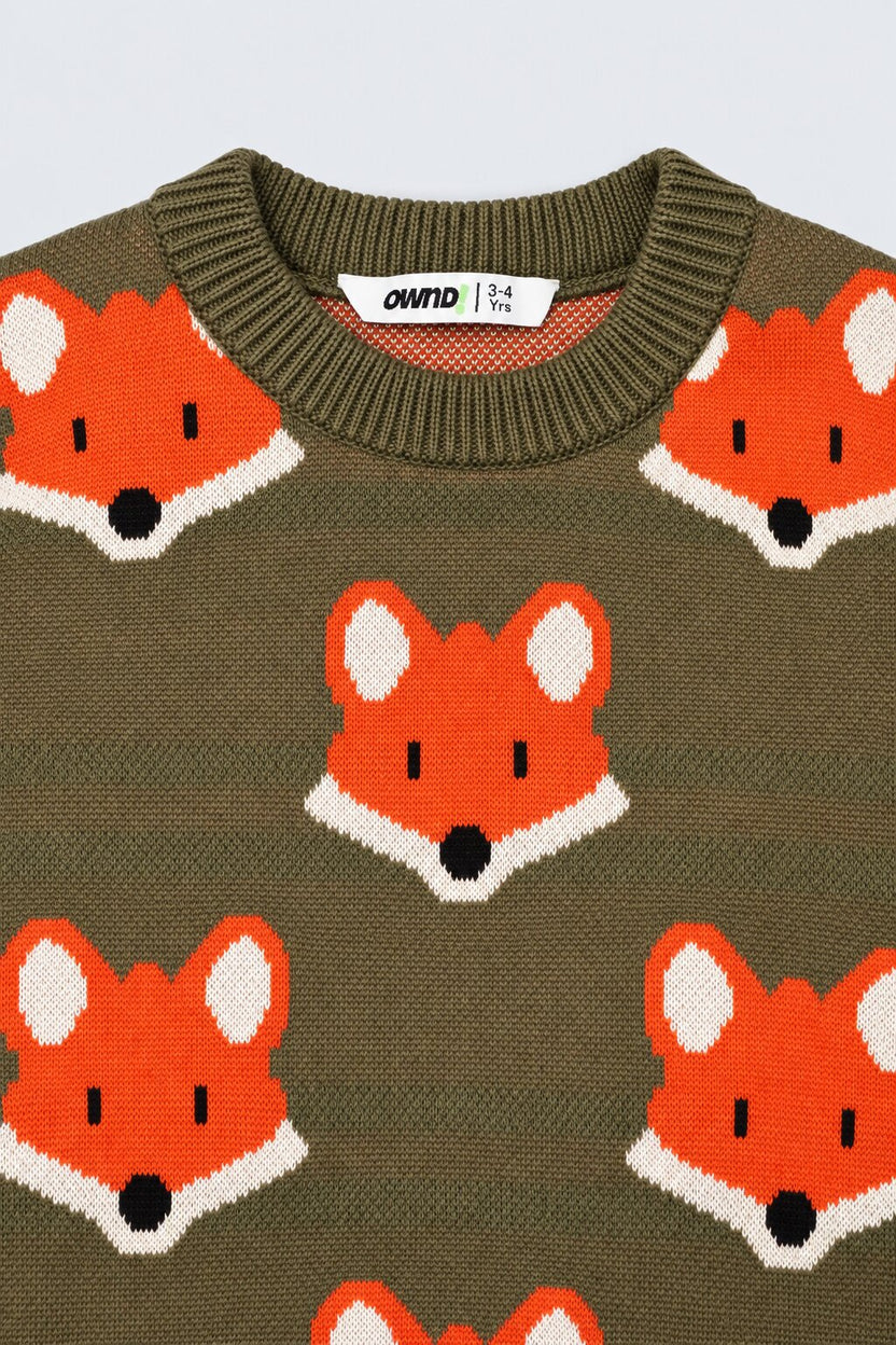 Boys Olive Fox Print Knitted Sweater - Image 5
