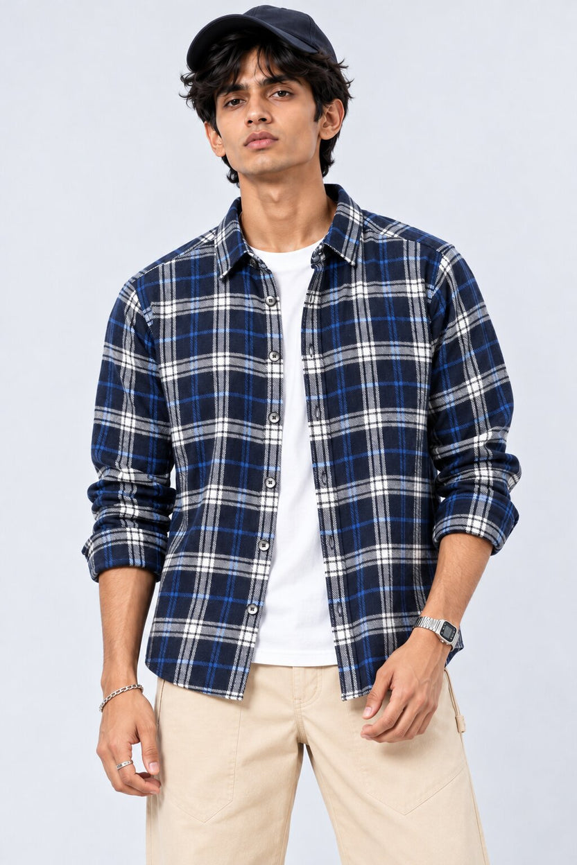 Mens Navy Checked Casual Flannel Shirt - Image 1