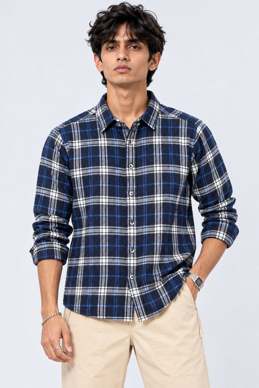 Mens Navy Checked Casual Flannel Shirt - Image 2
