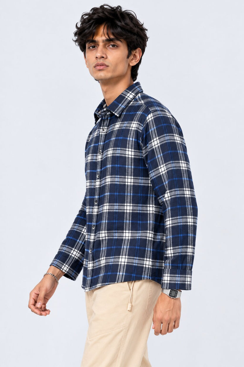Mens Navy Checked Casual Flannel Shirt - Image 4