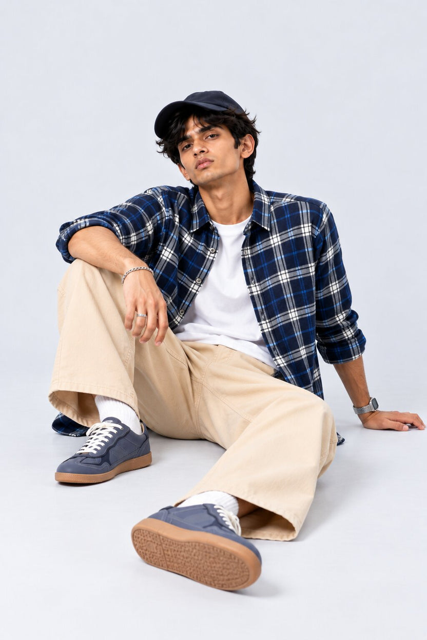Mens Navy Checked Casual Flannel Shirt - Image 6