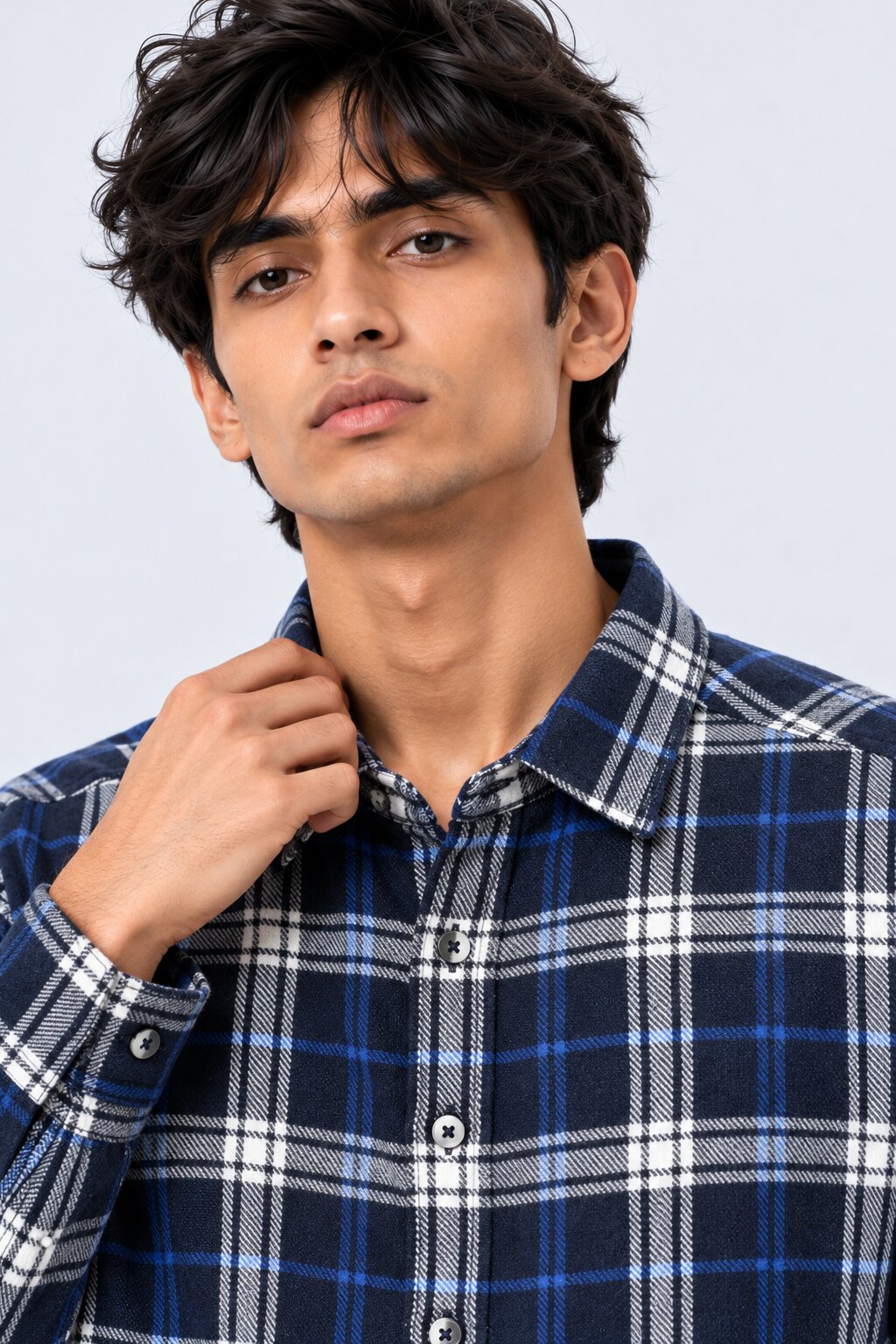 Mens Navy Checked Casual Flannel Shirt - Image 9