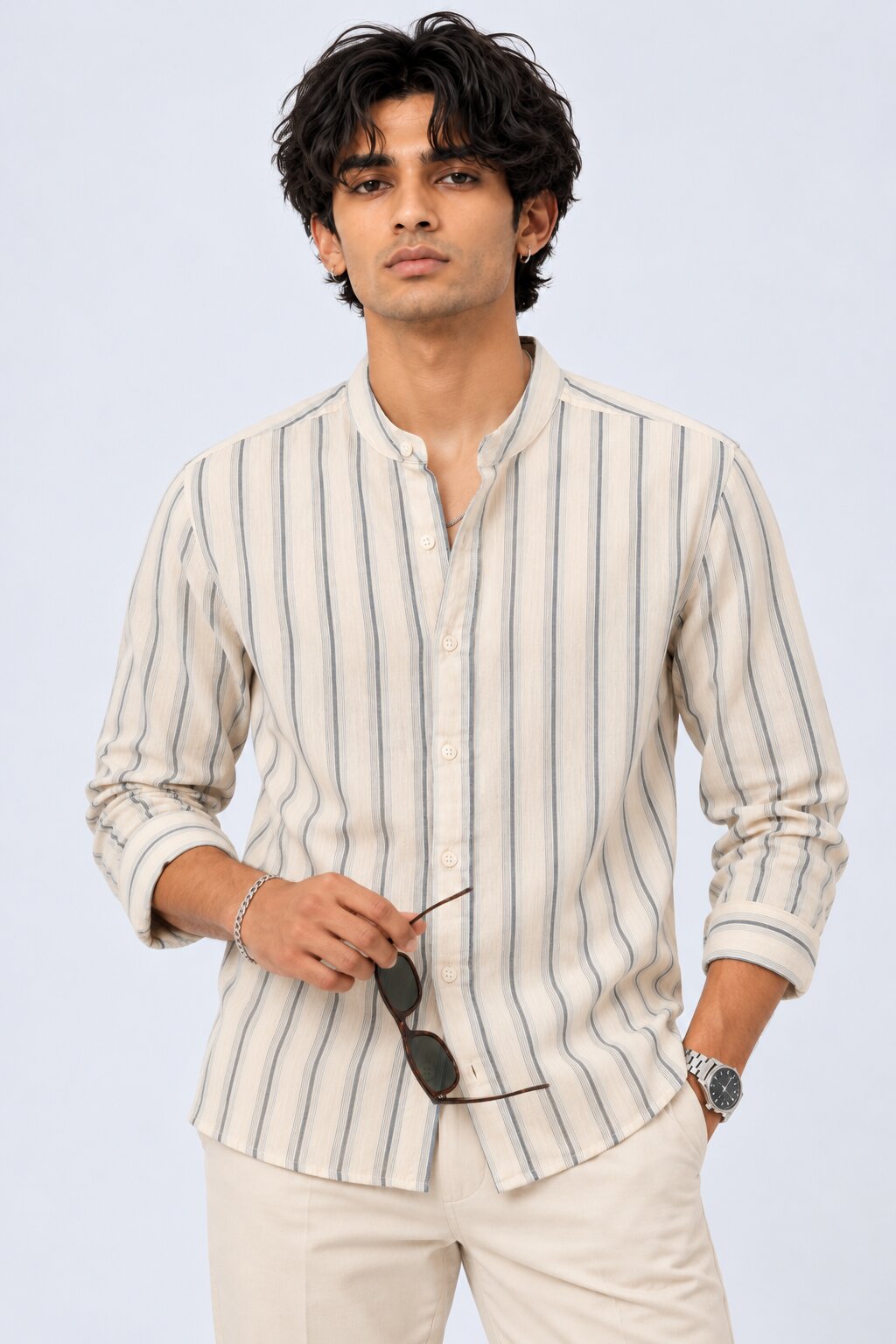 Mens Navy Striped Band Collar Shirt - Image 1