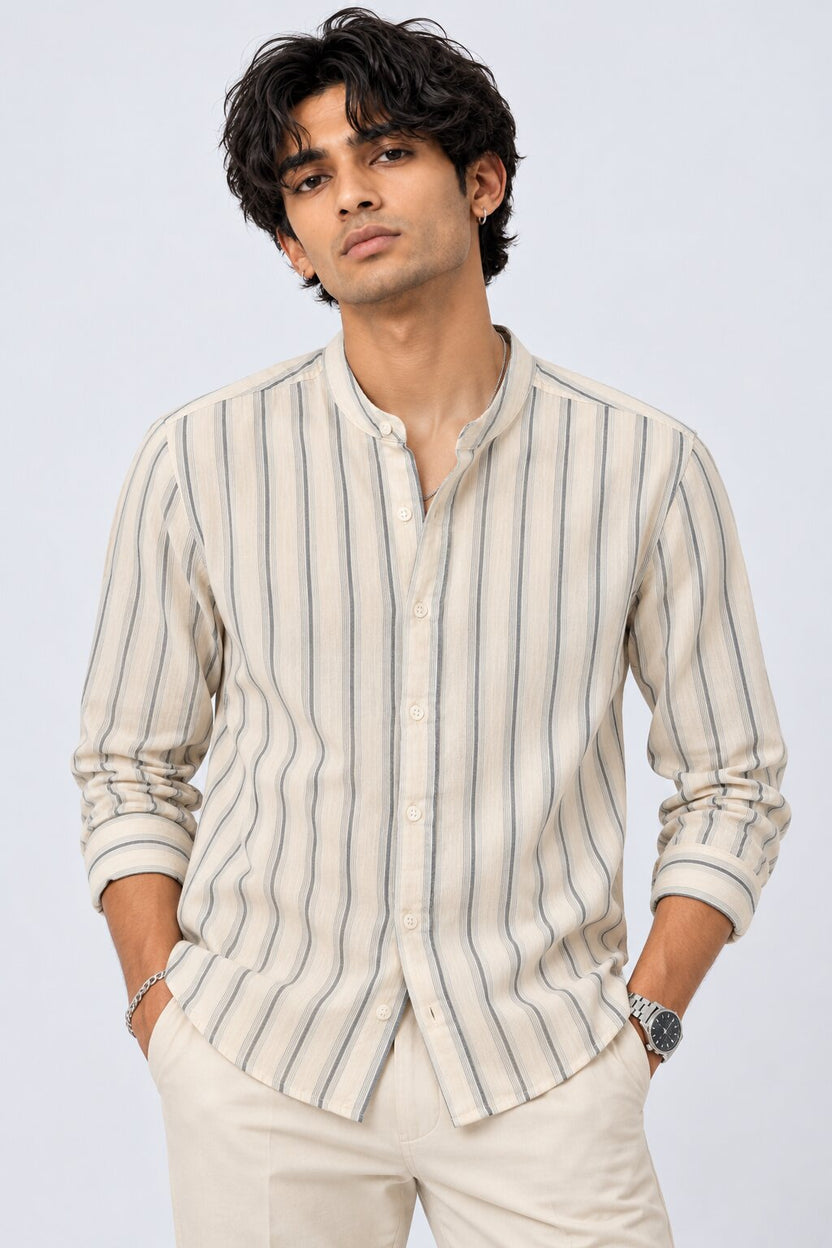 Mens Navy Striped Band Collar Shirt - Image 2