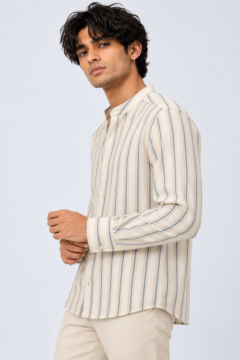 Mens Navy Striped Band Collar Shirt - Image 4
