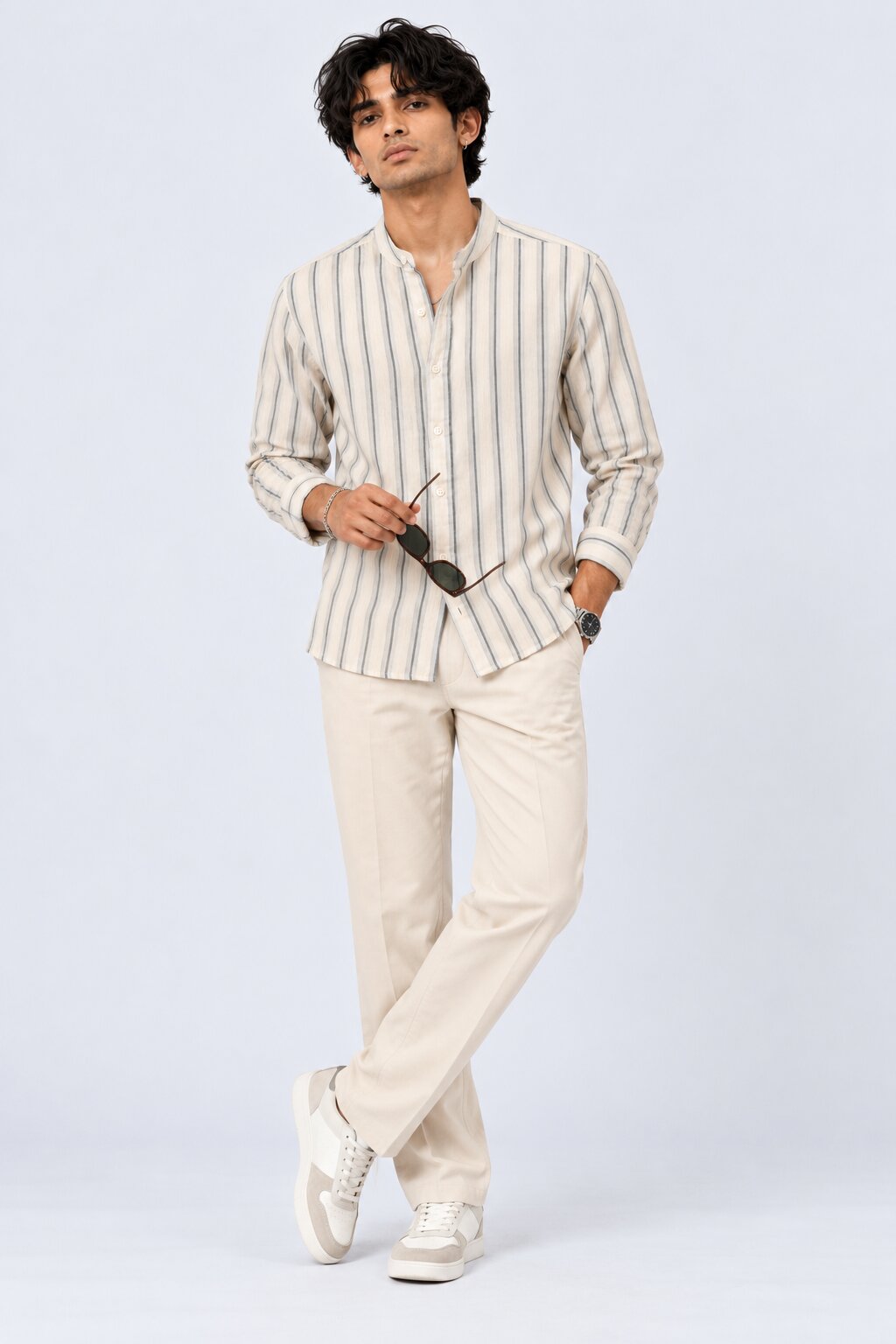 Mens Navy Striped Band Collar Shirt - Image 6