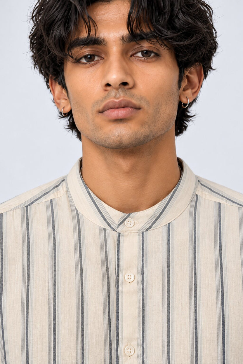 Mens Navy Striped Band Collar Shirt - Image 7