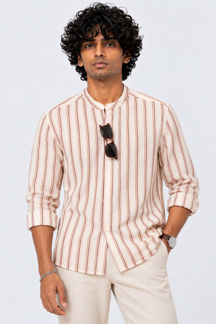 Mens Brown Striped Band Collar Shirt - Image 1