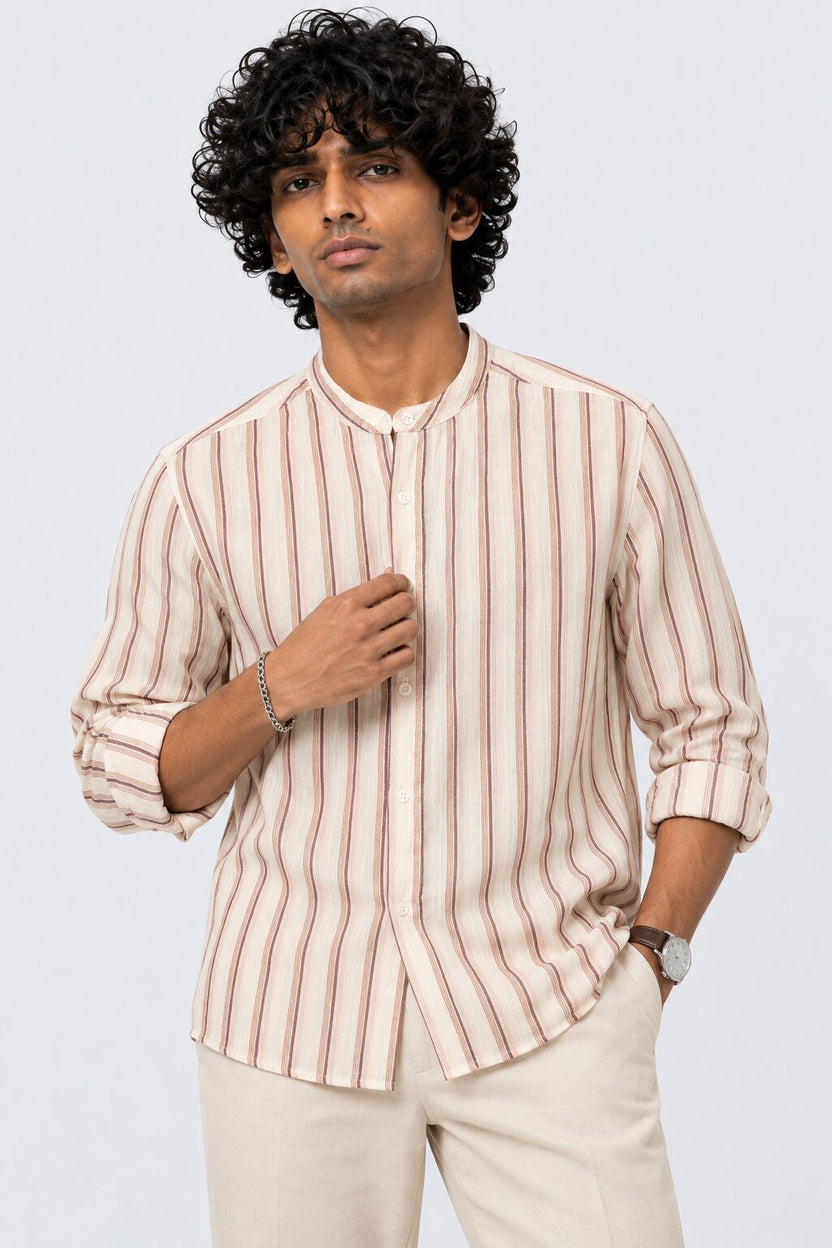 Mens Brown Striped Band Collar Shirt - Image 2