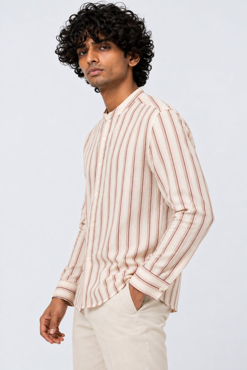Mens Brown Striped Band Collar Shirt - Image 4