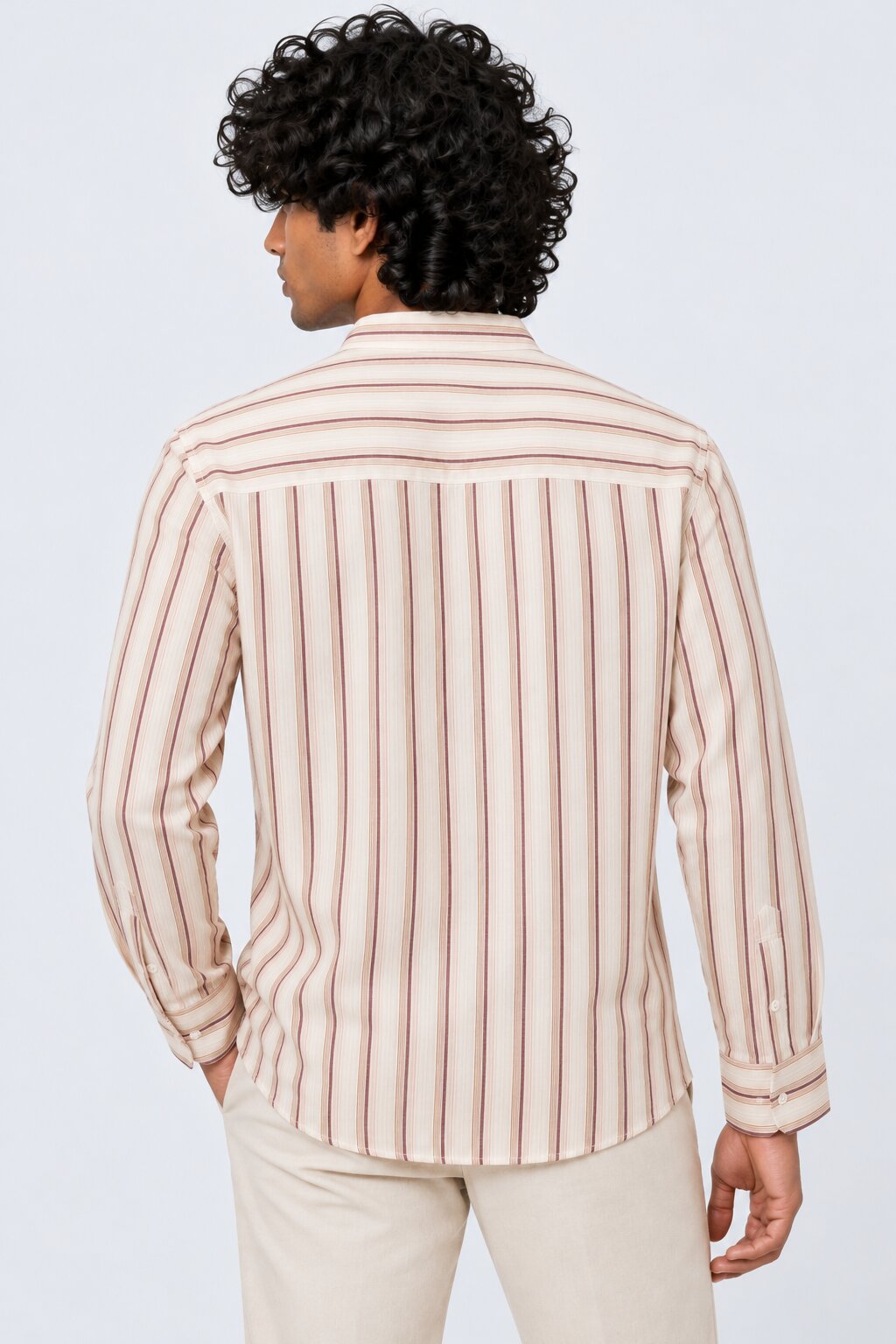 Mens Brown Striped Band Collar Shirt - Image 5