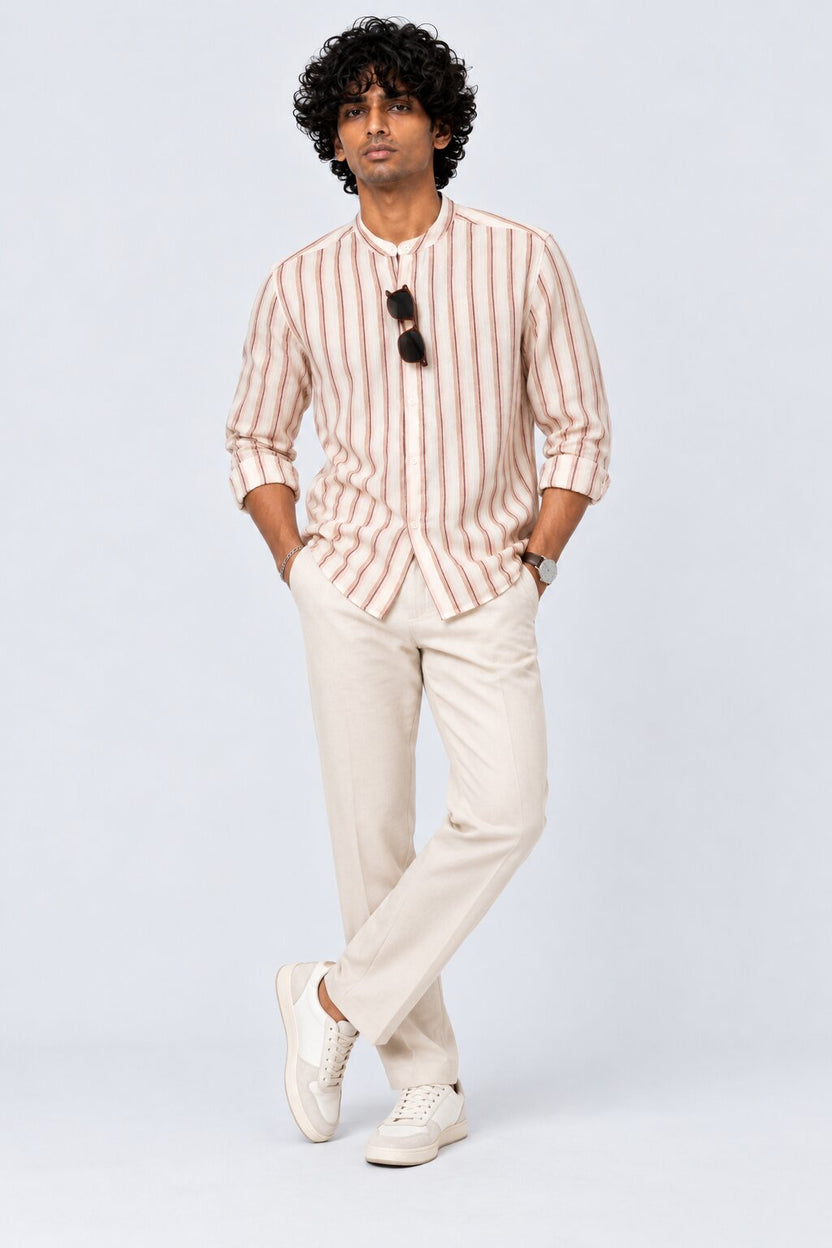 Mens Brown Striped Band Collar Shirt - Image 6