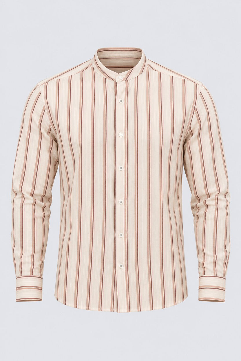 Mens Brown Striped Band Collar Shirt - Image 7