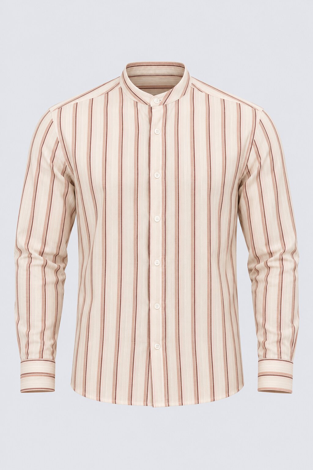 Mens Brown Striped Band Collar Shirt - Image 7